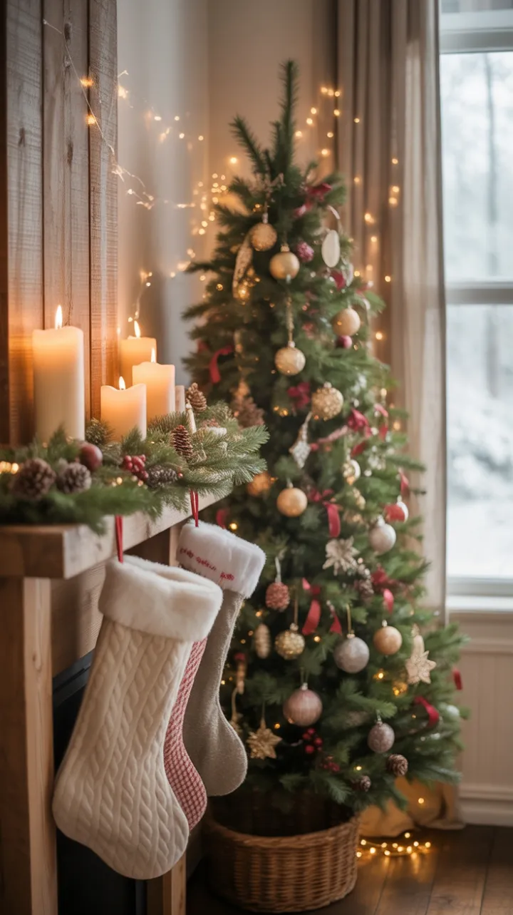 Crimson Ribbons and Frosted Panes in a Cozy Christmas Living Room
