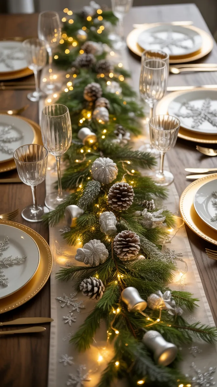 Fairy-Light Feast with Gold Chargers and Frosted Pine Garland