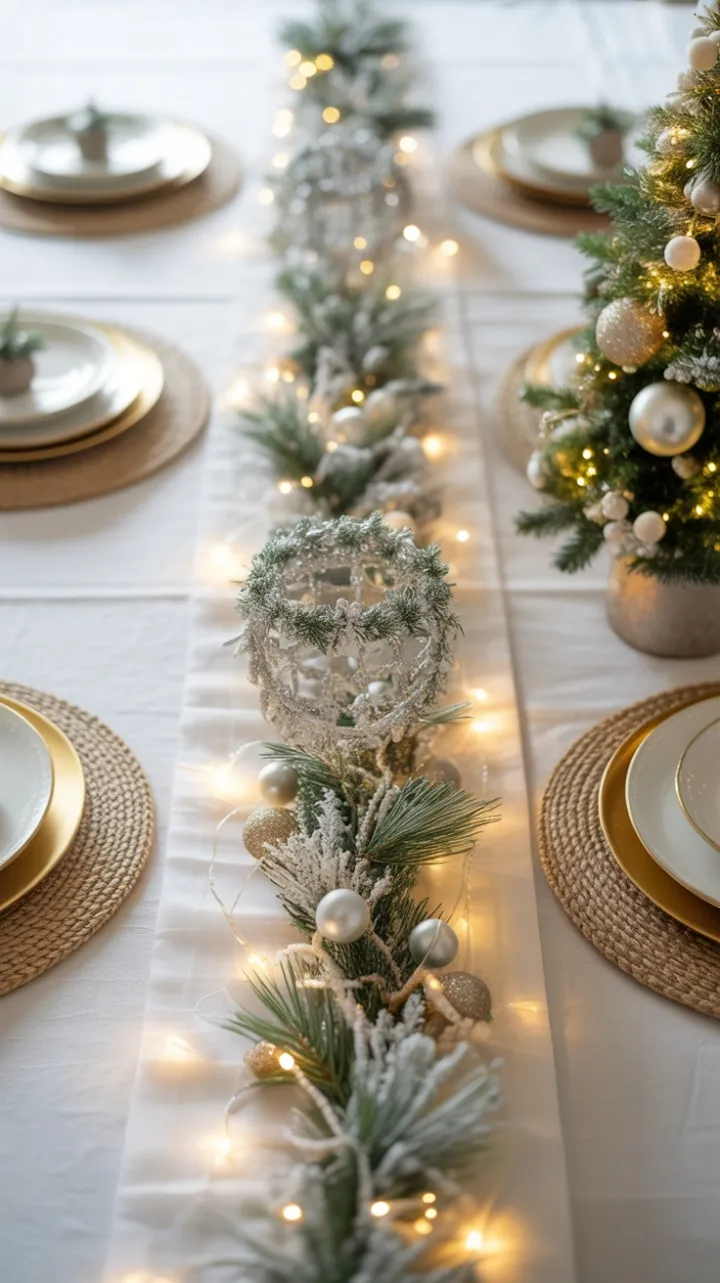 Elegant White-Linen Christmas Table Cascading with Silver Garland and Warm Lights
