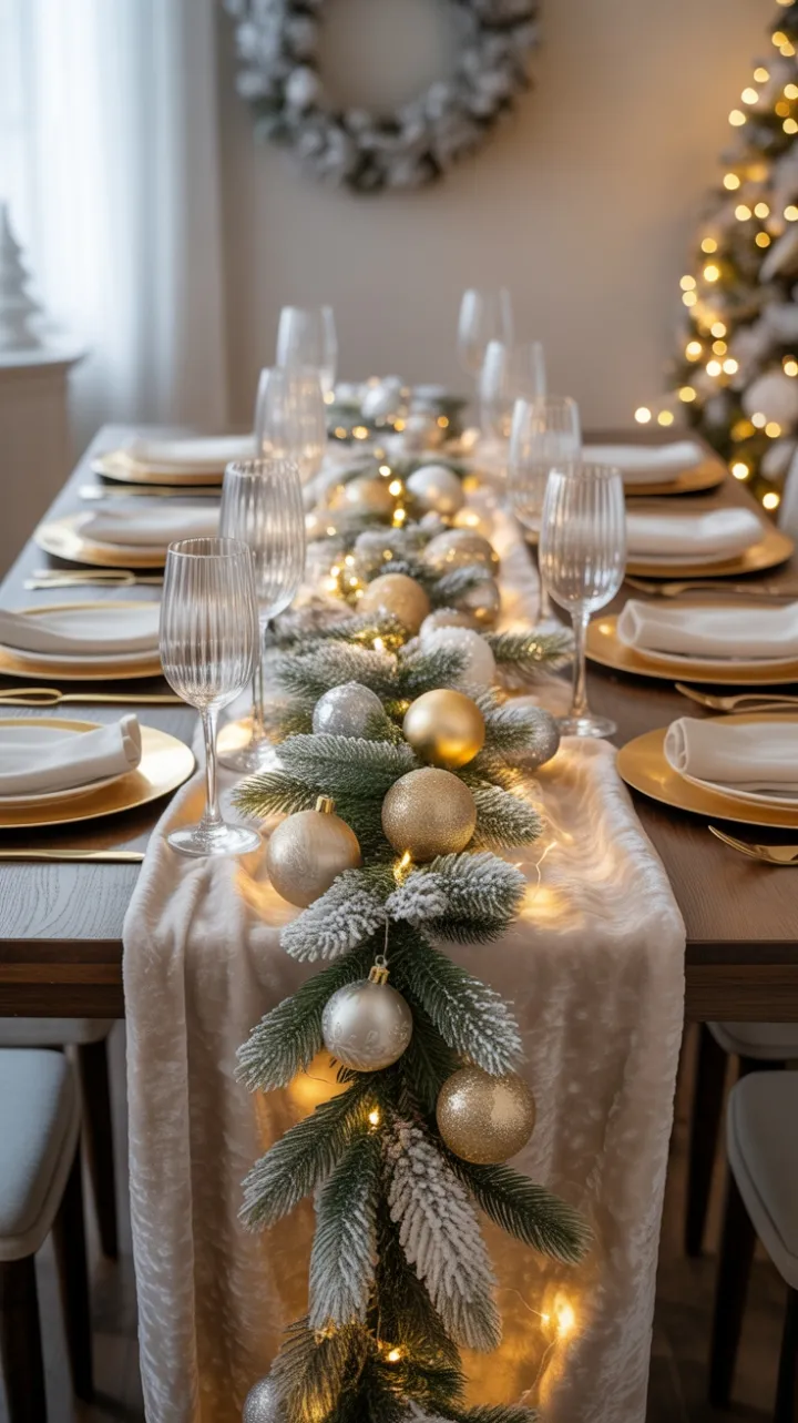 Snow-Dusted Garland on a Velvet Holiday Table