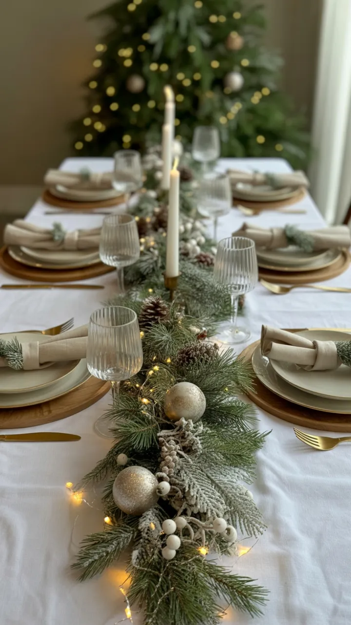 Frosted Garland and Candlelight on an Elegant Snow-White Christmas Table