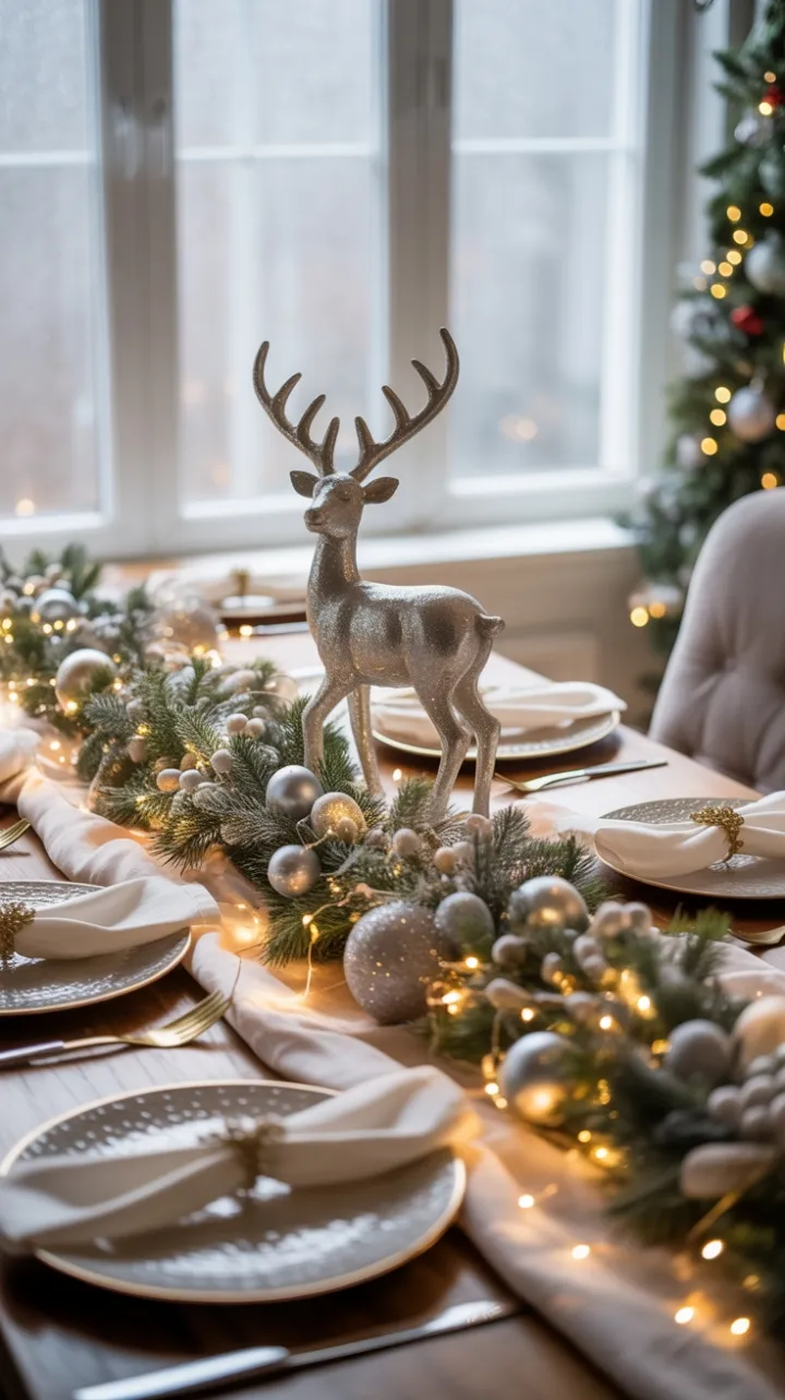 Velvet Glow Christmas Table with Silver Reindeer Centerpiece