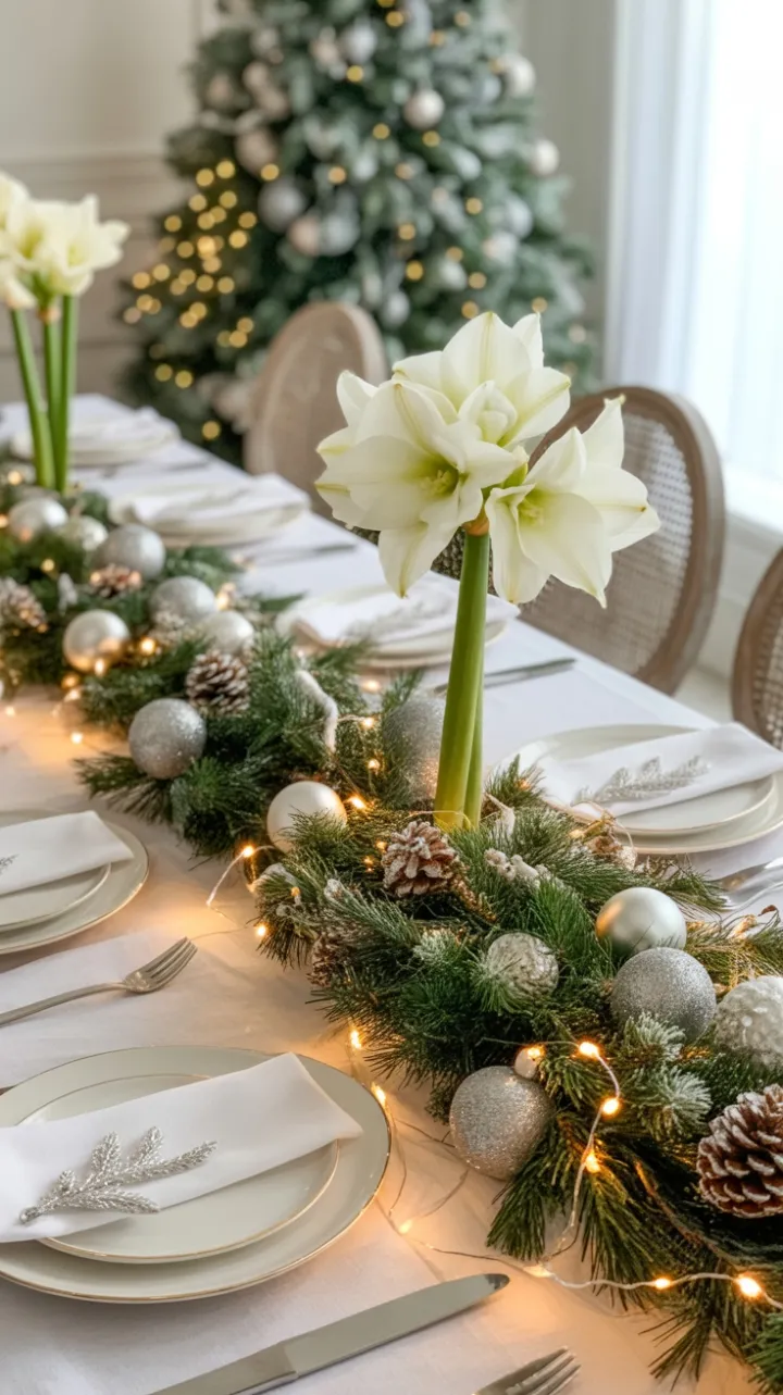 Silver-Accented Holiday Table with Amaryllis Glow