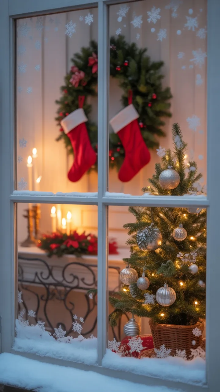 Snow-Kissed Window and Candlelit Christmas Hearth