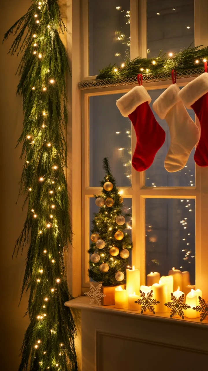 Winter Evening Window Dressed in Warm Christmas Glow