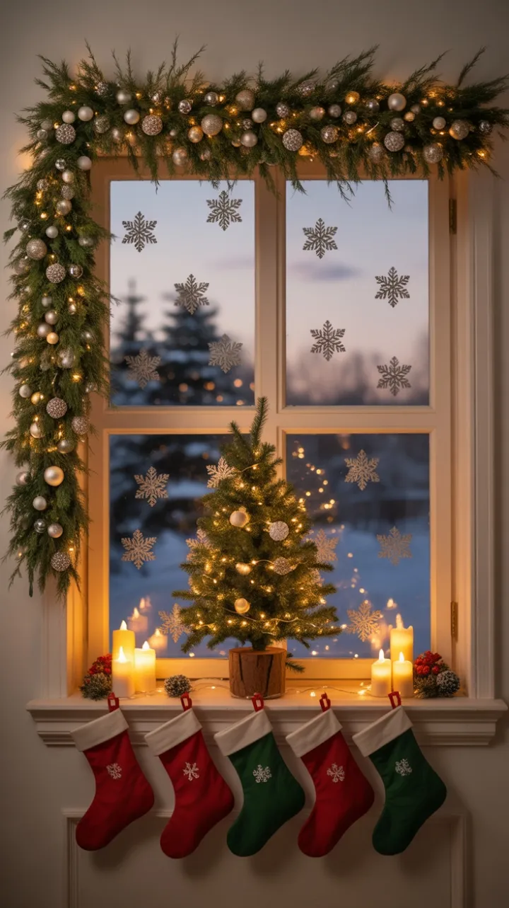Evergreen-Adorned Window Bathing Snowy Dusk in Warm Light