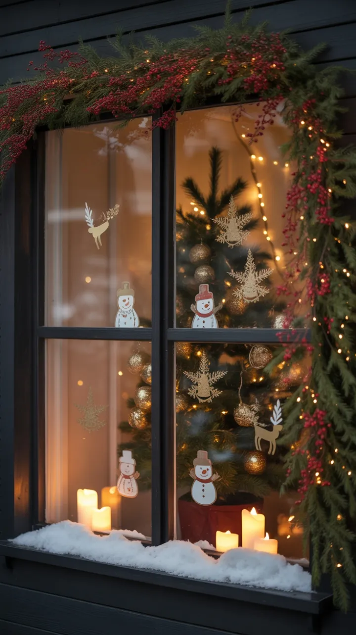 Candlelit Christmas Window Draped in Pine, Berries, and Twinkling Lights