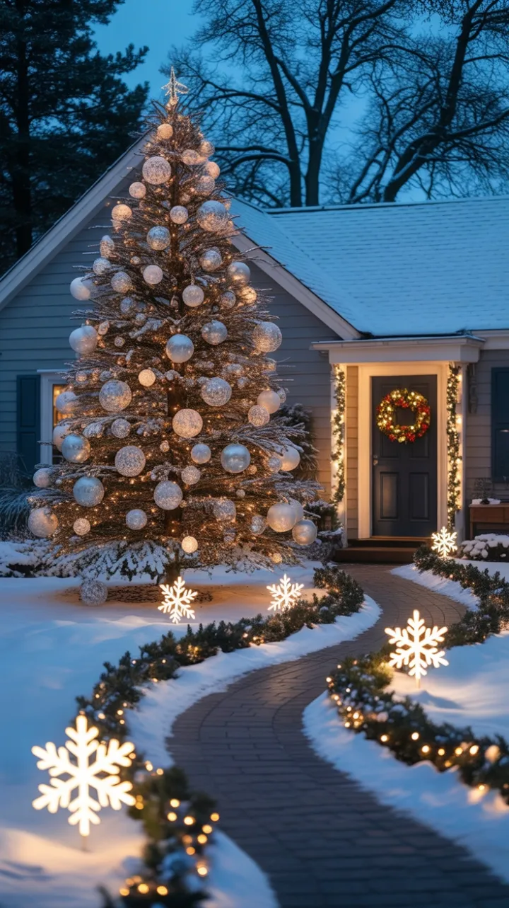 Twilight Magic in a Snowy Christmas Front Yard