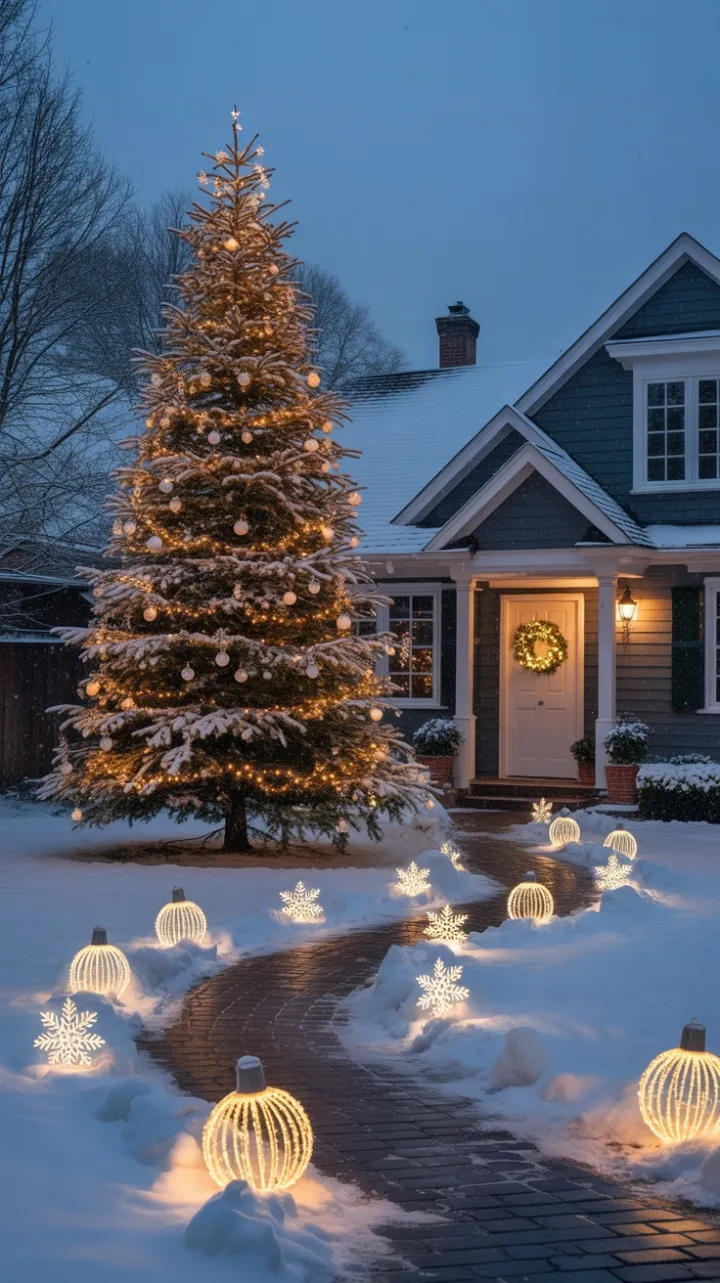 Twinkling Winter Wonderland on a Charming Front Lawn