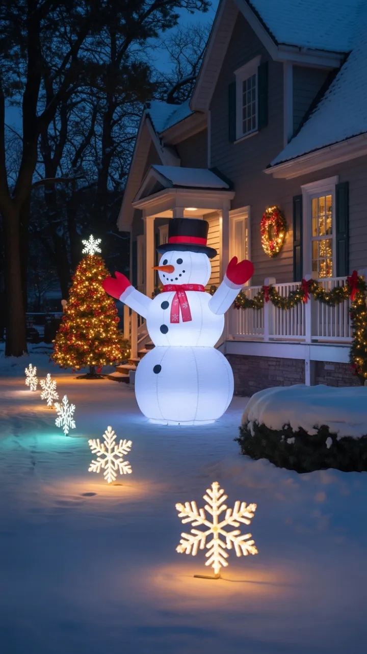 Whimsical Snowman Welcome Under Warm Holiday Lights