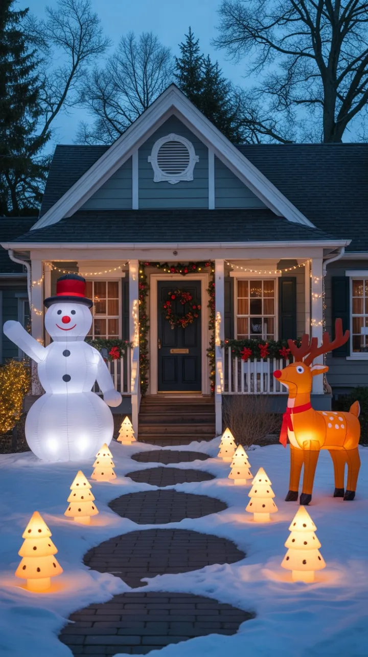 Twilight Holiday Wonderland with Inflatable Snowmen, Reindeer, and Glowing Pathways