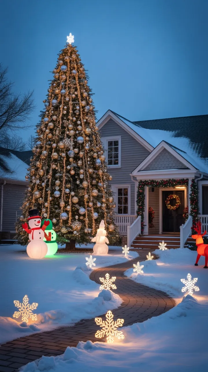 Snow-Kissed Front Yard Transformed into a Twinkling Holiday Wonderland