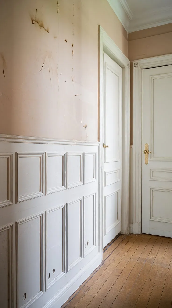 This wainscoting hallway whispers stories of laughter and life lived.  The light brown hardwood floor complements the crisp white wainscoting perfectly, showcasing the timeless elegance of this design.  Whether you're dreaming of wainscoting bedroom updates or exploring dining room wainscoting ideas, this image offers a wealth of wainscoting styles to inspire your next DIY wainscoting project.
