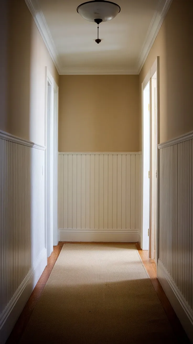 Step into a world of classic charm with this wainscoting hallway.  The crisp white wainscoting, reaching up to create a beautiful paneled effect, offers a timeless appeal.  Whether you're dreaming of wainscoting bedroom accents or grand dining room wainscoting, this image provides inspiration for your next project. Consider these wainscoting styles and explore the potential of DIY wainscoting to bring your vision to life.
