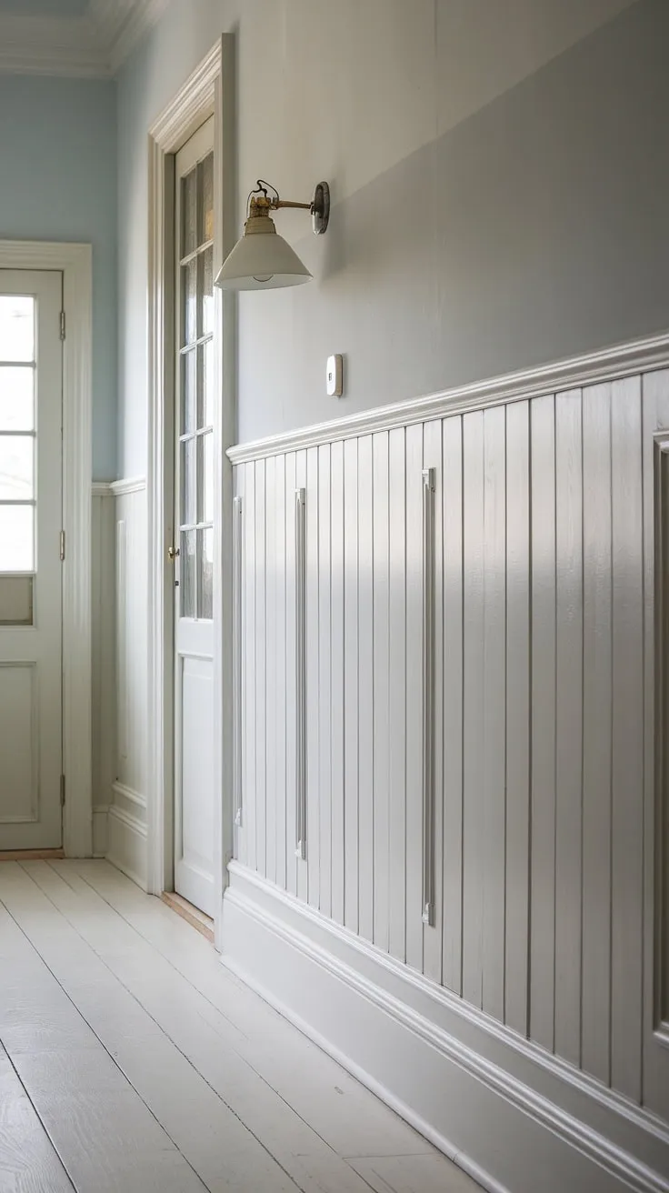 This wainscoting bedroom-inspired hallway showcases the versatility of white wainscoting. From wainscoting ideas for a grand dining room to a cozy bedroom, this design proves that wainscoting styles are only limited by your imagination.  The simple elegance makes it a perfect DIY wainscoting project for any skill level.