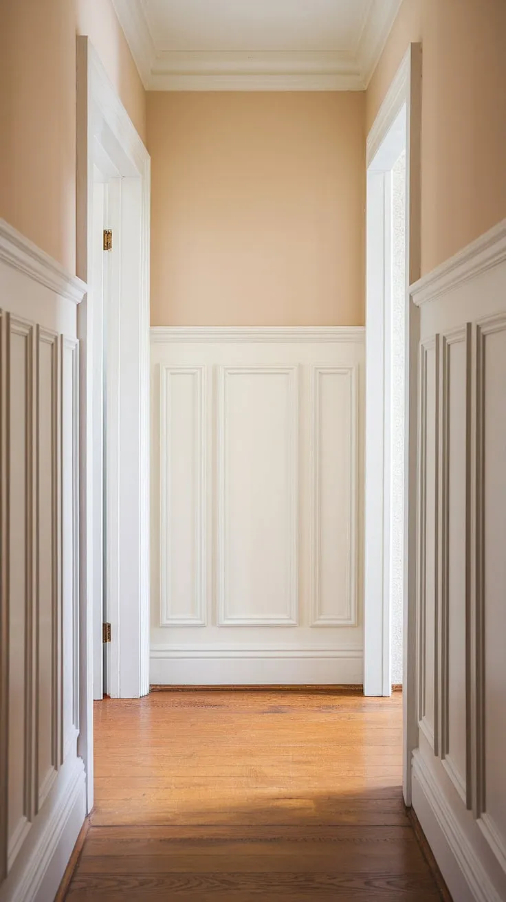 Step into timeless elegance with this wainscoting hallway.  The crisp white wainscoting, extending halfway up the walls, creates a sophisticated contrast against the soft beige above.  From wainscoting bedroom designs to dining room wainscoting, this image offers endless wainscoting ideas and showcases various wainscoting styles.  Consider DIY wainscoting for a personalized touch in your own home.