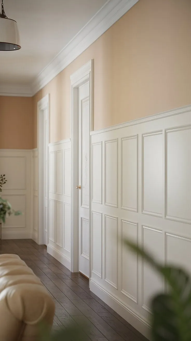 This wainscoting hallway is a study in understated elegance. The crisp white wainscoting contrasts beautifully with the dark wood floor, creating a sophisticated backdrop for any room.  Consider this inspiration for your own wainscoting bedroom, dining room wainscoting, or any space needing a touch of classic charm.  Discover more wainscoting ideas and wainscoting styles, or even explore DIY wainscoting projects to bring this look to life.