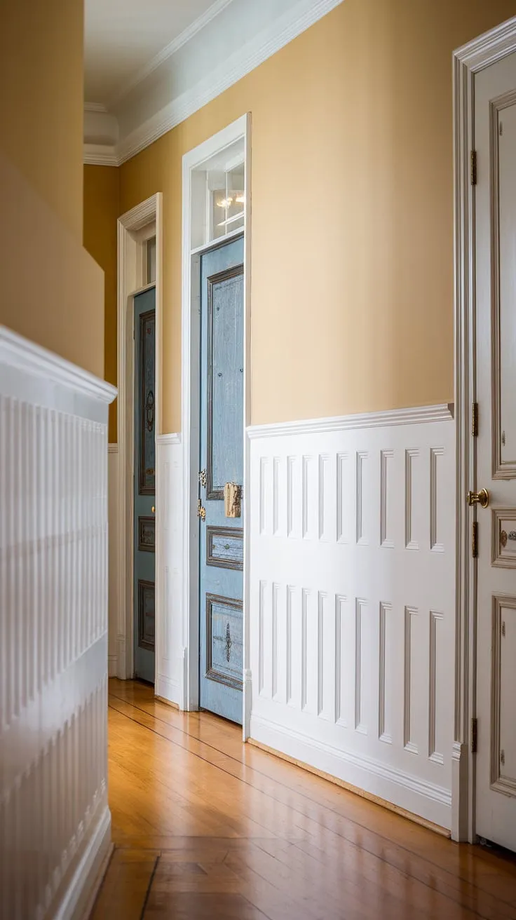 This living room effortlessly blends classic elegance with contemporary style. The painted wainscoting, a rich contrast against the light monochrome painted walls and trim, anchors the space.  This clever use of a wainscoting contrast color demonstrates the transformative power of two-color wainscoting.  For those seeking wainscoting paint ideas, this showcases how impactful even subtle shifts in tone can be, offering inspiration for dark wainscoting ideas and trending trim colors.