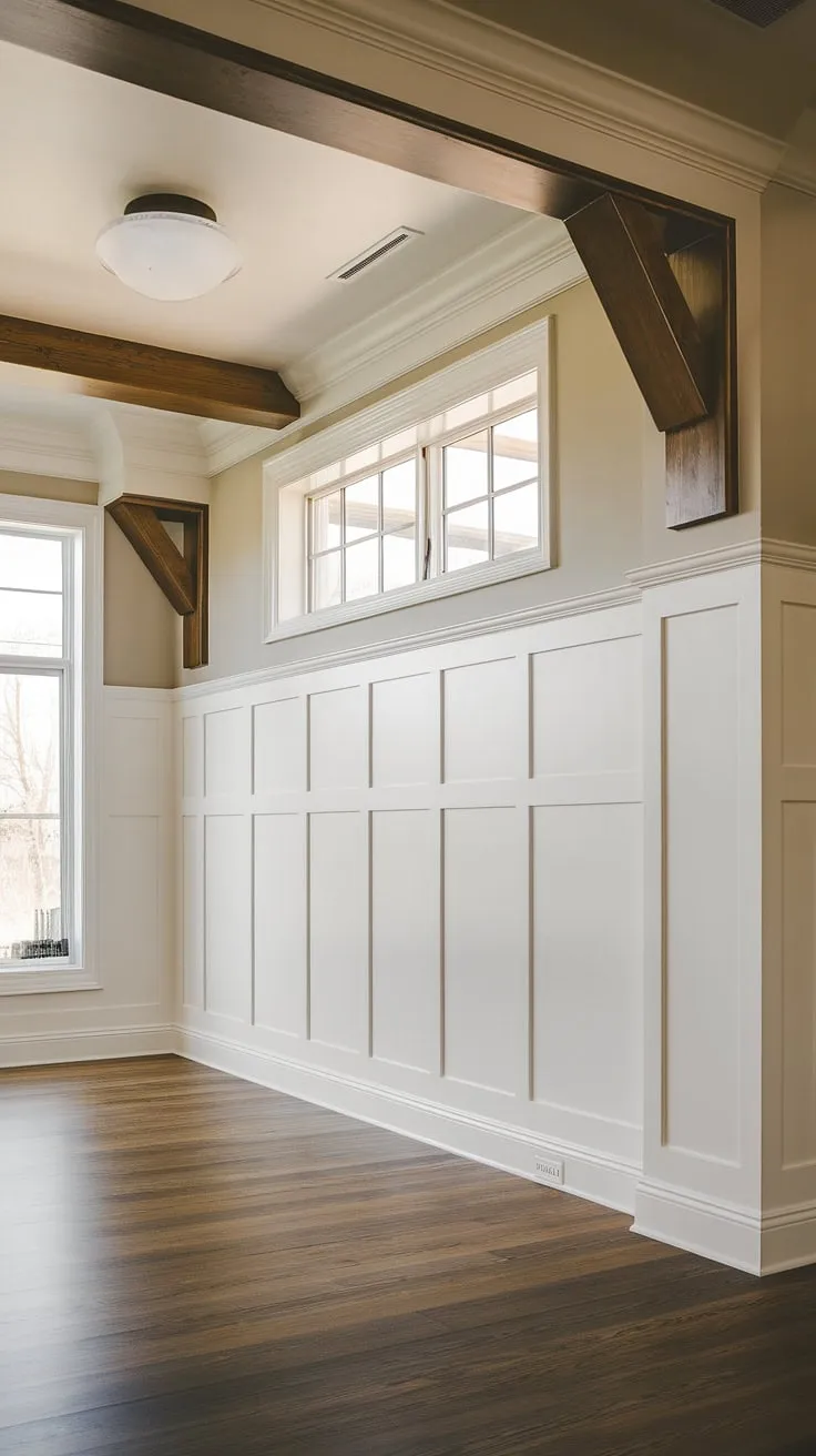 The subtle elegance of this room speaks volumes.  The tone-on-tone wainscoting, a light beige against a deep navy blue, creates a sophisticated contrast.  This two-color wainscoting showcases clever paint colors with wainscoting, proving that light wainscoting dark walls is a winning combination. The crisp white trim, a trending trim color, perfectly complements the monochrome painted walls and trim, offering wainscoting paint ideas for a modern yet timeless feel.