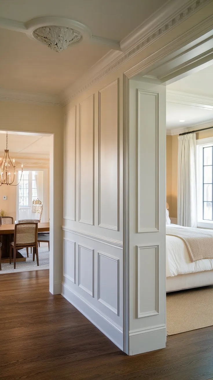 Dark wainscoting ideas meet modern elegance in this space. The rich blue of the painted wainscoting provides a striking contrast to the lighter walls, showcasing a sophisticated wainscoting contrast color.  The monochrome painted walls and trim, accented by white, create a cohesive and calming atmosphere. This two-color wainscoting is a testament to the versatility of wainscoting paint ideas, proving that light wainscoting dark walls can be incredibly stylish.  Note the trending trim colors that complete the look.