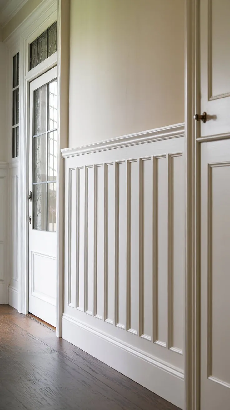 This Victorian-era room showcases the elegance of full wall wainscoting, taking wainscoting ideas to a new level.  The intricate recessed panel design and decorative molding offer inspiration for wainscoting designs, perfect for living rooms, entryways, or hallways.  Note the high ceiling wainscoting, a stunning example of how to maximize impact. While this is a full wall treatment, consider this design for half panel wainscoting as well.  The rich dark hardwood floor complements the light walls, creating a sophisticated contrast.  Though not wallpaper, the effect is similar to wainscoting wallpaper. This isn't art deco wainscoting, but rather a testament to the enduring appeal of Victorian wainscoting and the artistry of wainscoting trim.
