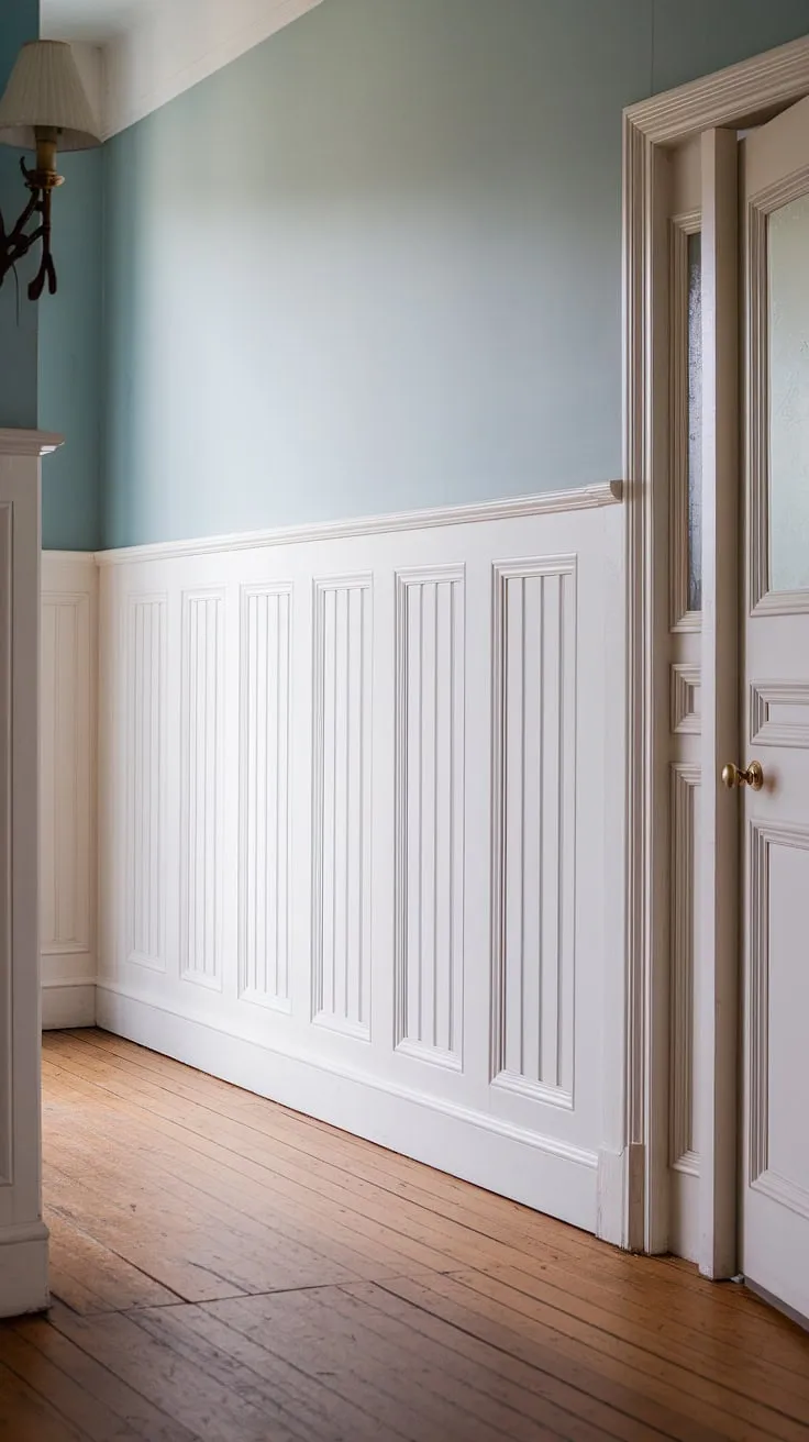 Step into serenity. This wainscoting hallway, with its crisp white wainscoting reaching halfway up the walls before yielding to a calming light blue, offers endless wainscoting ideas.  Imagine this elegant wainscoting in your bedroom, dining room, or any space needing a touch of classic charm.  From wainscoting styles to DIY wainscoting projects, the possibilities are vast.