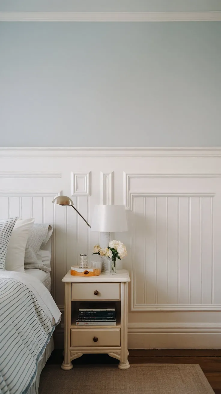 The elegant combination of beadboard wainscoting and light blue wallpaper transforms this bedroom into a serene retreat.  The beadboard wall installation is a masterclass in creating visual interest, while the strategic placement of the mirror offers a touch of sophistication.  Wondering how to hang a mirror over wainscoting?  This image provides inspiration.  Explore the possibilities of beadboard and batten, consider the ideal beadboard wainscoting height for your space, and discover how to add beadboard to walls to achieve a similar effect.  From bedrooms to bathrooms, even beadboard ceiling hallway projects, the versatility of beadboard is undeniable.
