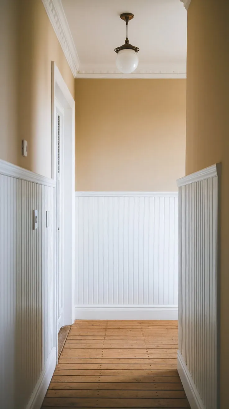 The subtle elegance of this wallpaper and beadboard bedroom is undeniable.  The beige beadboard wainscoting provides a warm, neutral base, while the navy blue wallpaper with white stars adds a touch of unexpected drama.  The beadboard wall installation is a testament to classic design, and the overall effect is both calming and captivating.  This room demonstrates how to add beadboard to walls effectively, showcasing the versatility of beadboard and batten.  From determining the perfect beadboard wainscoting height to considering a beadboard bathroom DIY or even a beadboard ceiling hallway, this image sparks countless design possibilities.  And don't forget the simple yet impactful detail of how to hang a mirror over wainscoting.