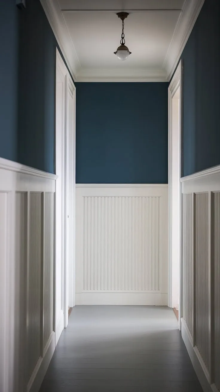 This wainscoting hallway is a masterclass in understated elegance. The crisp white wainscoting, extending halfway up the walls, creates a beautiful contrast with the deep blue accent wall and offers endless wainscoting ideas for your own home—from bedroom to dining room.  Consider this inspiration for your next DIY wainscoting project, exploring various wainscoting styles to find the perfect fit for your space.