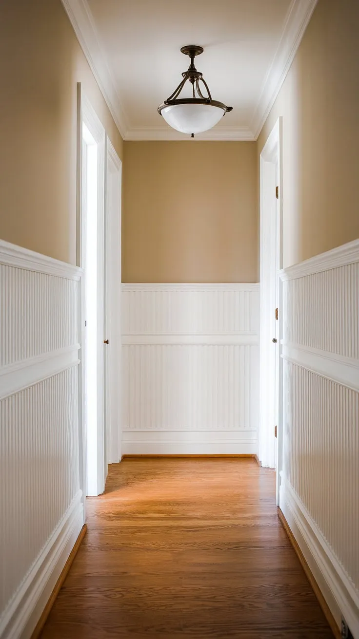 This wainscoting hallway showcases the beauty and versatility of white wainscoting.  Whether you're dreaming of a wainscoting bedroom or seeking inspiration for dining room wainscoting, this image offers a wealth of wainscoting styles to consider.  Discover the charm of wainscoting and explore DIY wainscoting options to create your dream space.