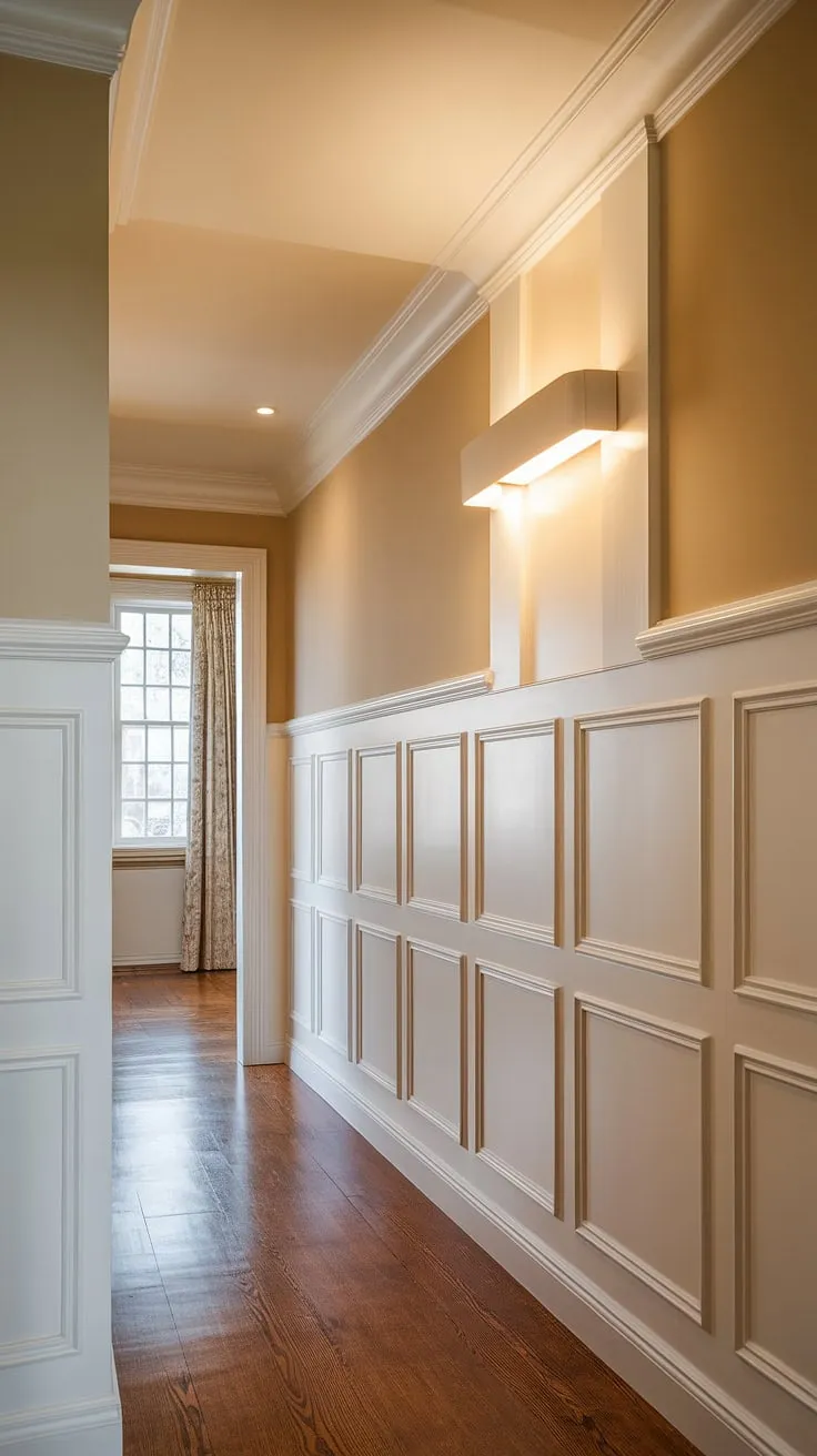 This wainscoting hallway is a dream. The pristine white wainscoting, extending from floor to ceiling, creates a sense of grandeur.  Whether you're considering wainscoting ideas for your bedroom, dining room, or any other space, this image offers inspiration for various wainscoting styles.  Imagine the possibilities – and the satisfaction of achieving this look with diy wainscoting.