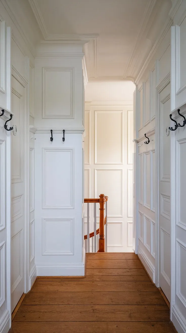 The timeless appeal of white wainscoting is on full display in this captivating hallway.  Imagine the possibilities: wainscoting bedroom retreats, sophisticated dining room wainscoting, or even a dramatic wainscoting hallway like this one.  This image is brimming with wainscoting ideas, proving that DIY wainscoting can achieve truly stunning results.