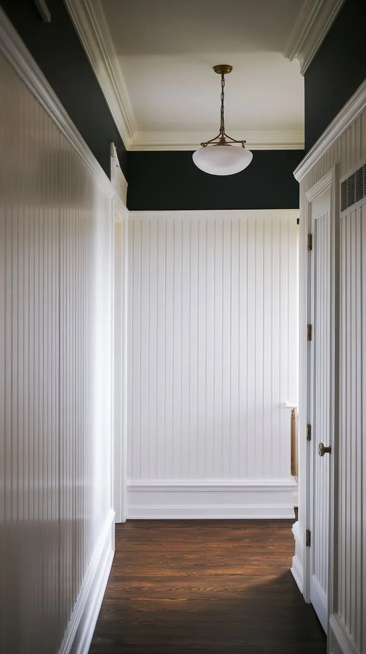 This wainscoting hallway is a masterclass in understated elegance. The crisp white wainscoting, extending halfway up the walls, adds architectural interest and sophistication.  Whether you're envisioning wainscoting bedroom inspiration or exploring dining room wainscoting options, this image offers a wealth of wainscoting ideas and styles to consider for your next DIY wainscoting project.