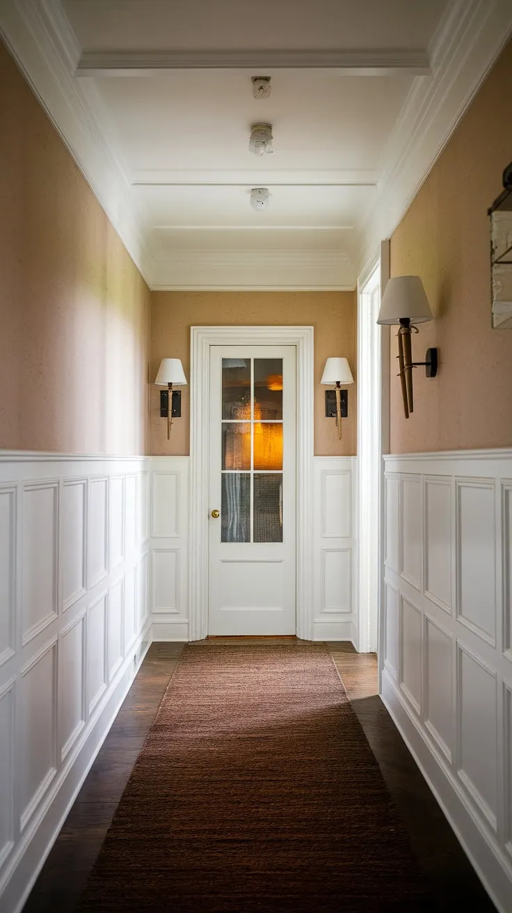 Step into serenity. This wainscoting hallway, with its elegant white wainscoting and textured beige upper walls, offers endless wainscoting ideas for any room – from a wainscoting bedroom to a sophisticated dining room wainscoting.  The classic wainscoting styles create a timeless appeal, and for those feeling ambitious, DIY wainscoting is entirely achievable.