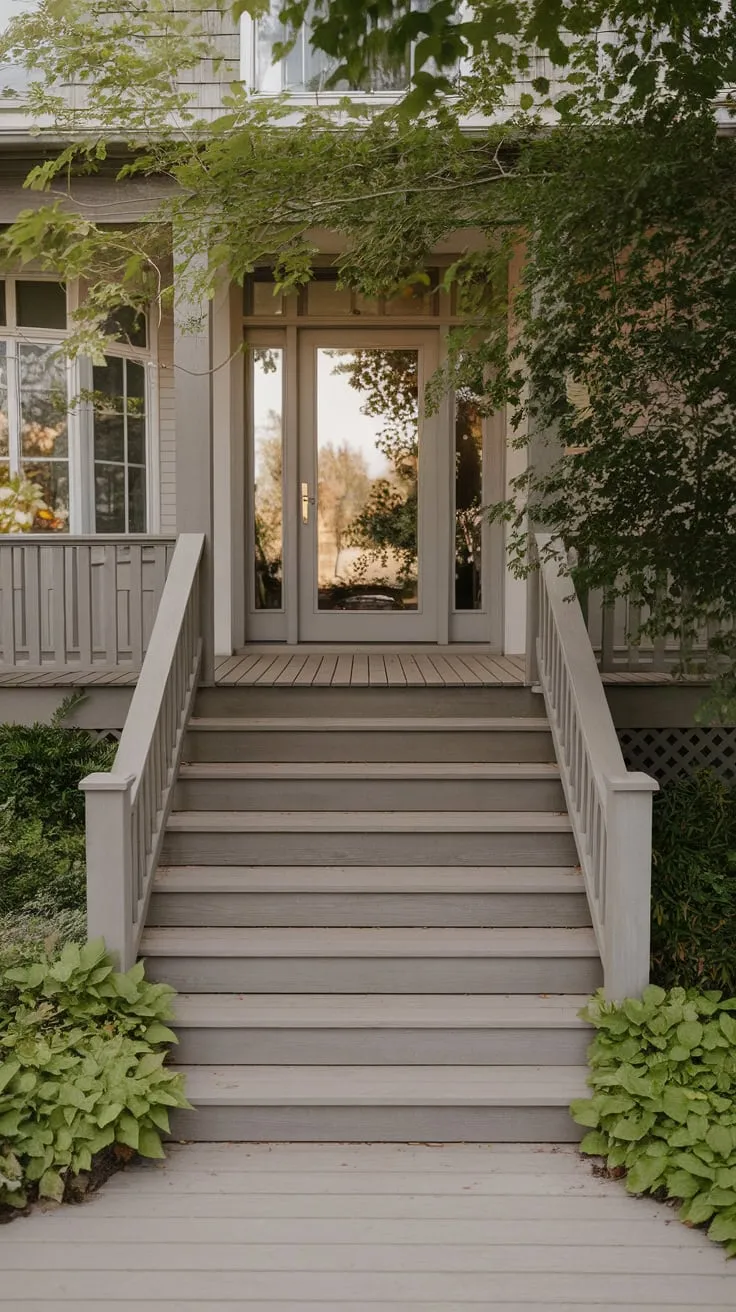Charming Wide Porch Steps Amidst Lush Greenery