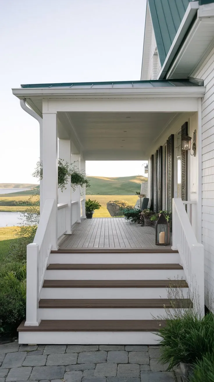 Inviting White Porch Steps with Nature's Backdrop