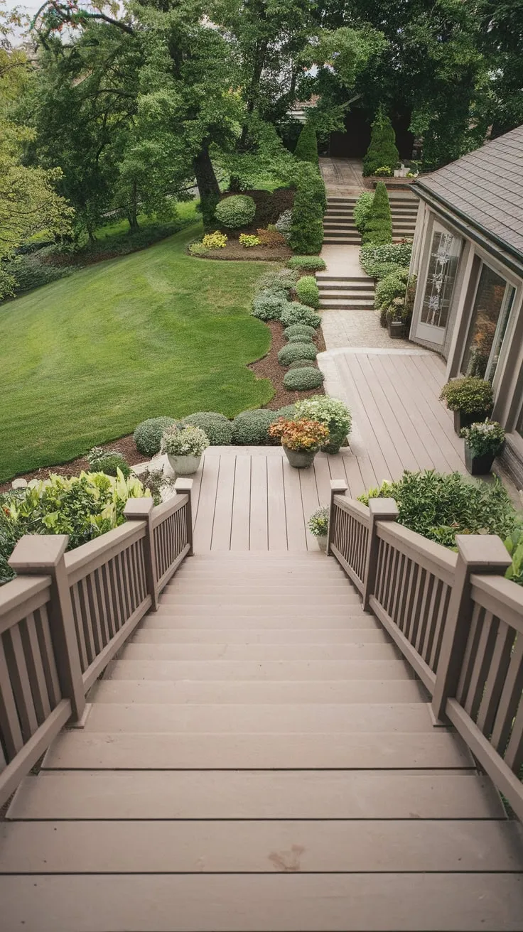 Charming Wide Porch Steps Amidst Lush Landscaping