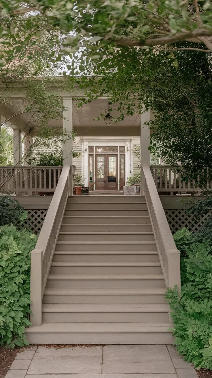 Serene Wooden Steps Leading to a Welcoming Porch