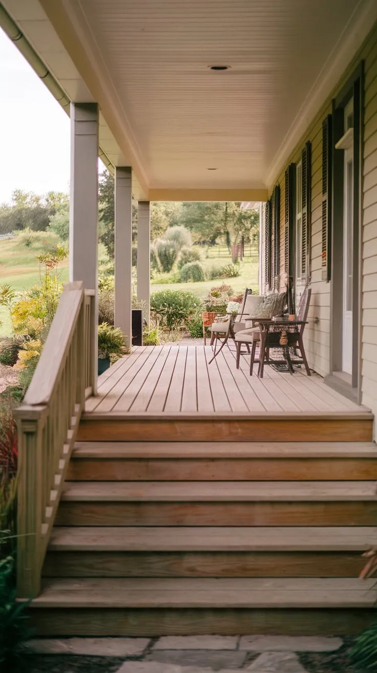 Inviting Wooden Steps to a Cozy Front Porch Retreat