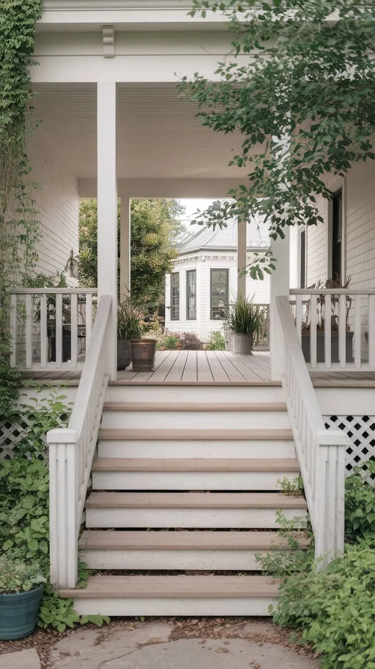 Charming Wide Porch Steps Amidst Lush Greenery