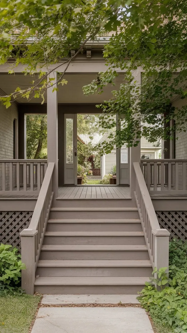 Charming Wide Porch Steps Amidst Lush Greenery