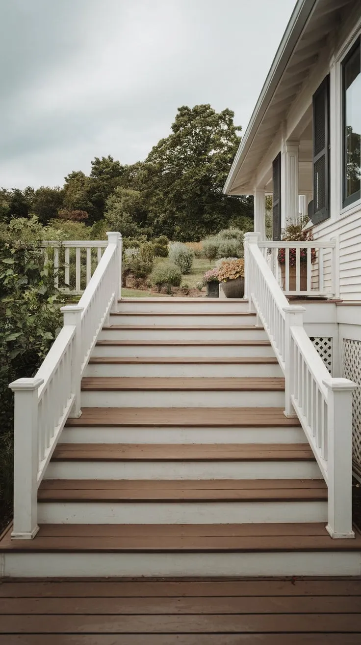 Inviting White-Washed Stairs Amidst a Verdant Backdrop