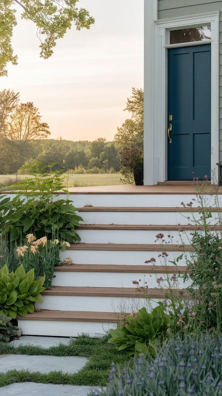 Inviting Blue Door on a Scenic Front Porch
