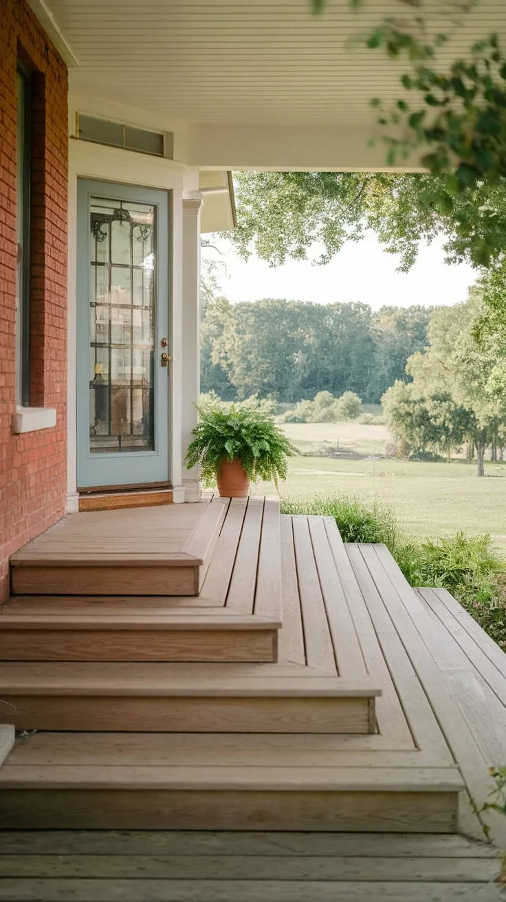 Inviting Wooden Steps to a Cozy Red Brick Home