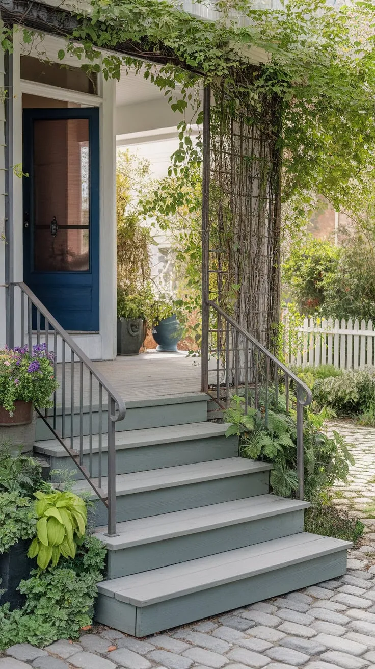 Charming Wide Porch Steps Framed by Lush Greenery
