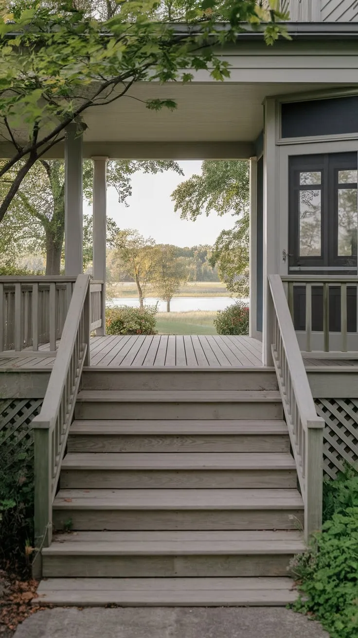 Serene Front Porch Steps Leading to Tranquil Views