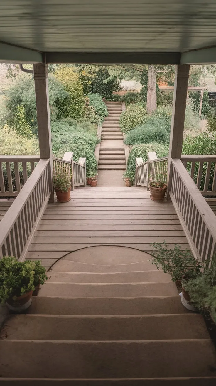 Charming Wide Porch Steps to a Lush Backyard