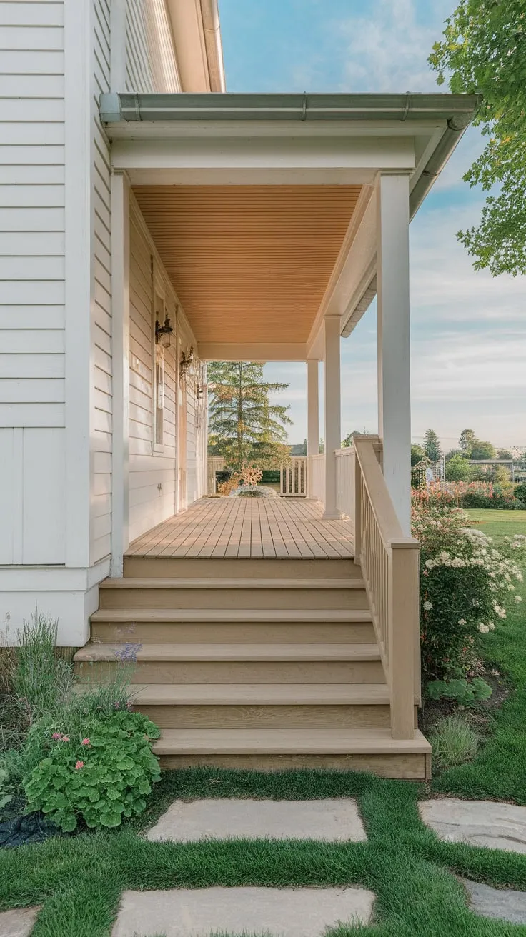 Charming Wide Porch Steps Amidst Lush Greenery