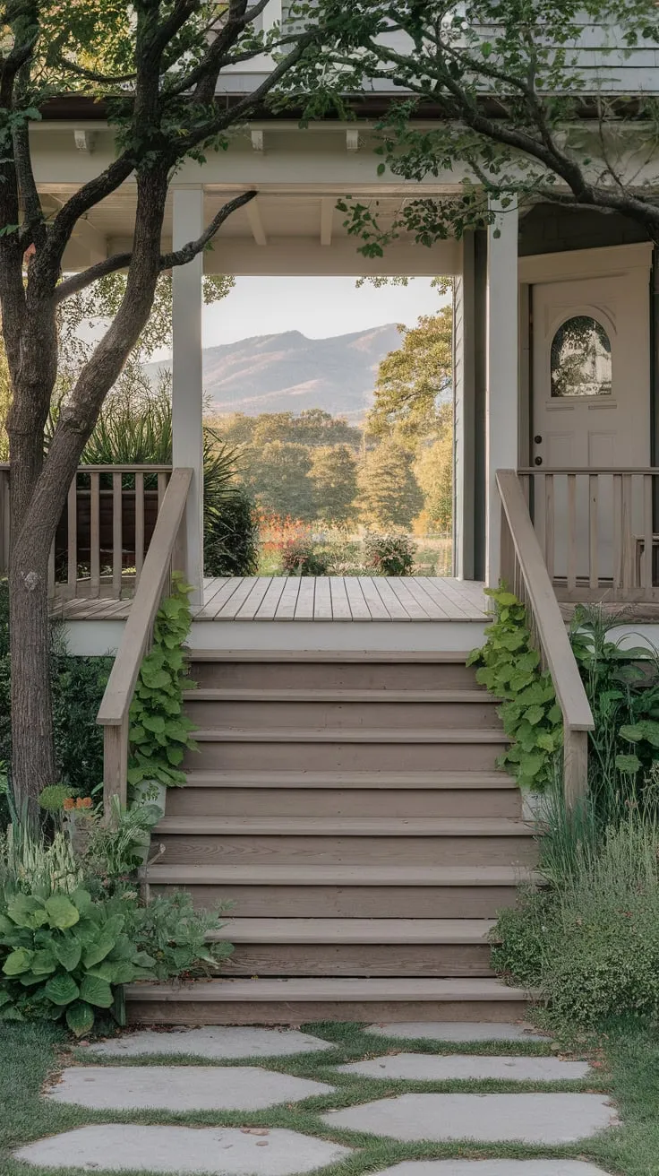 Inviting Wooden Steps to a Scenic Front Porch Retreat