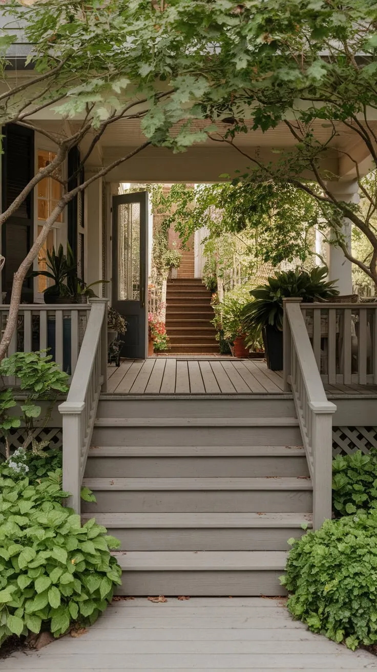 Inviting Front Porch with Wooden Steps and Vibrant Plants